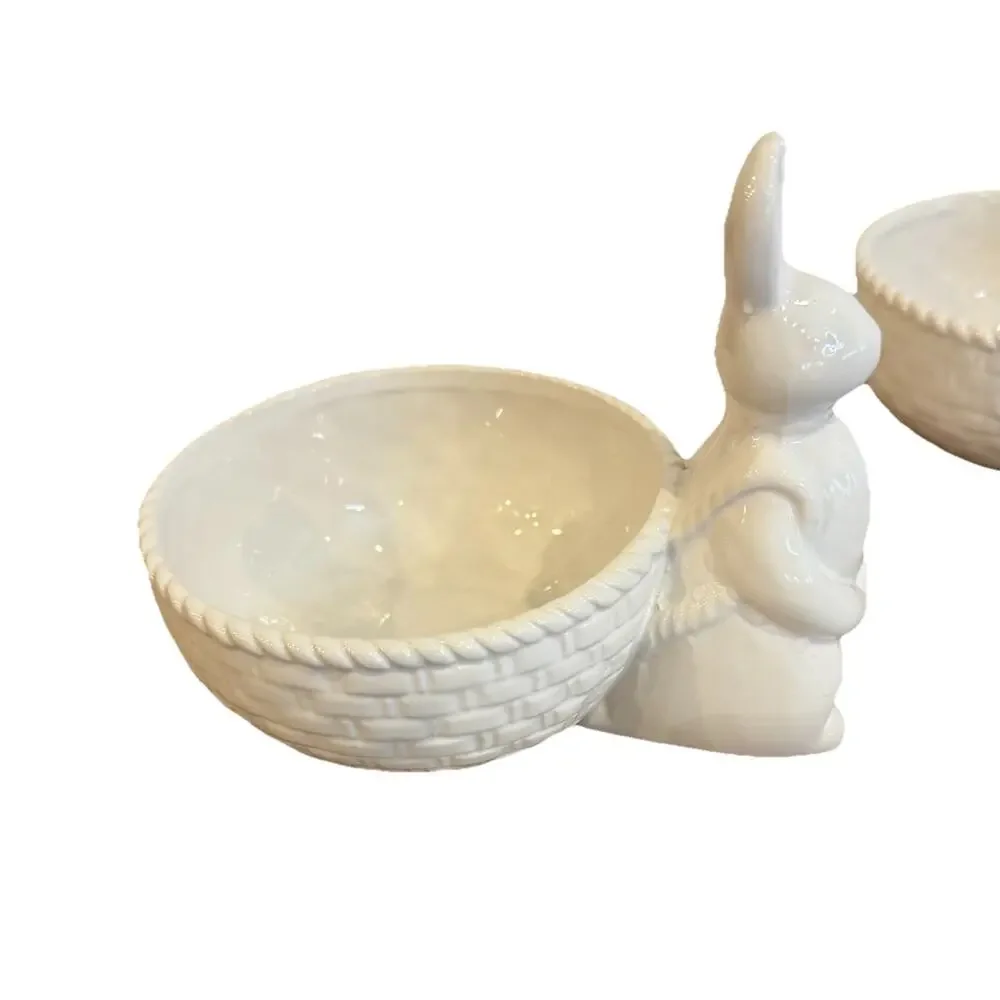 White Ceramic Bunny Bowl‎ Easter Farmhouse Candy Trinket Dish Happy Easter NWOT